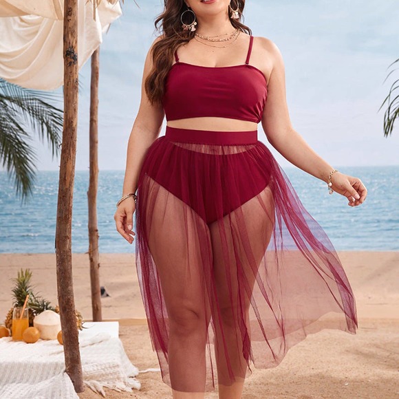 Plus Size Bikini Split Swimsuit Gauze Skirt - Picture 5 of 12